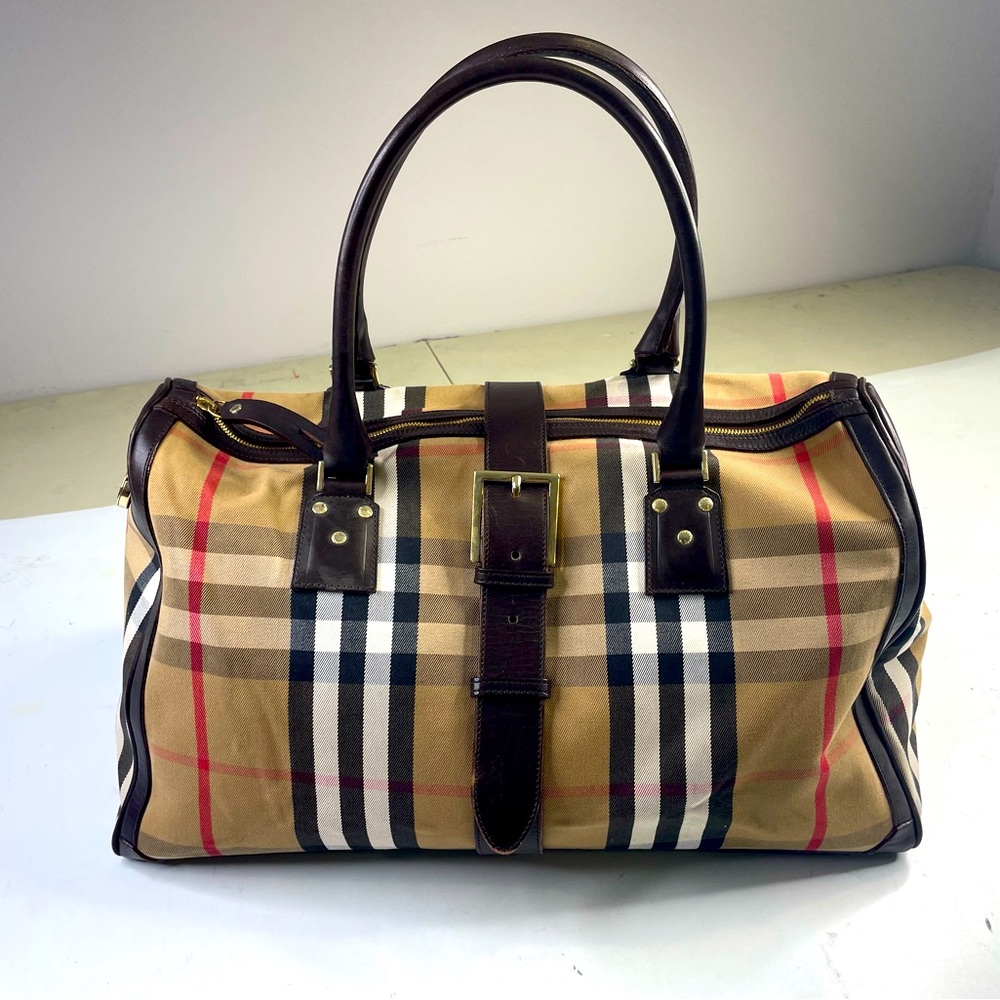 Burberry Buckle Boston Bag House Check Canvas and Leather Large Duffle Travel